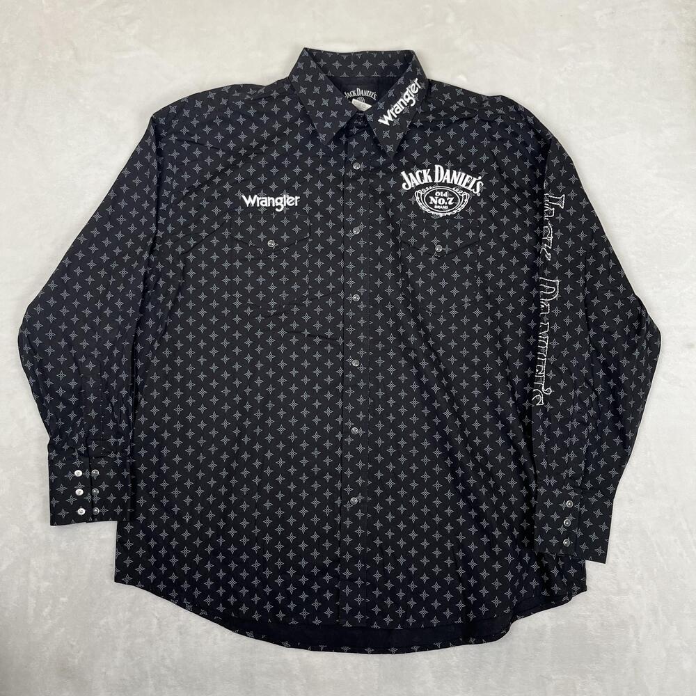 Jack Daniels Wrangler Shirt Mens 2XL Black Long Sleeve Snap Front Western